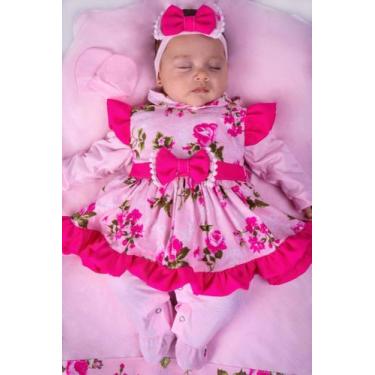 Imagem de Saida de Maternidade Para Bebe Menina com Vestido Salmão Floral Pompom