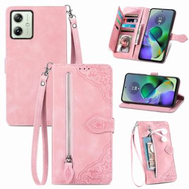 Imagem de Monwutong Capa carteira com design de armazenamento com zíper para Motorola G54 5G, capa de couro PU com toque agradável à pele, fecho magnético e compartimentos para vários cartões, coldre de