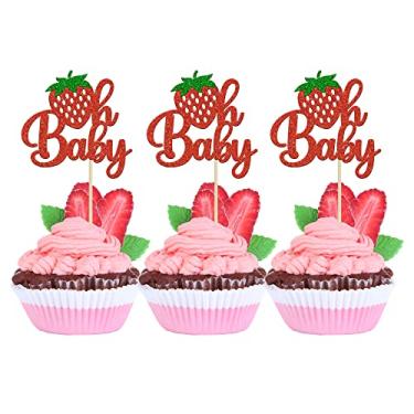 Imagem de Gyufise 24 peças de topos de cupcake de morango Oh bebê tema de frutas com glitter Oh Baby morango palitos de cupcake para revelação de gênero chá de bebê crianças meninos meninas festa de aniversário suprimentos para decorações de bolo