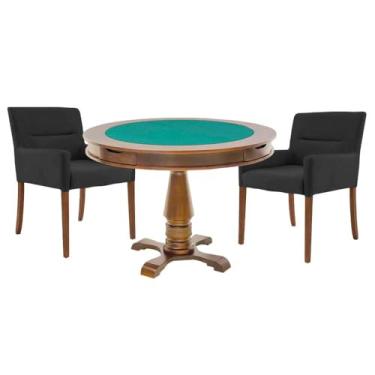 Imagem de Mesa de Jogos Carteado Victoria Redonda Tampo Reversível Amêndoa com 2 Cadeiras Vicenza Suede Preto Fosco - Gran Belo