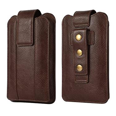 Imagem de Suporte de telefone masculino com alça de cinto de couro para celular, bolsa marrom, coldre universal de couro de 18,3 cm para smartphone com alça de cinto, pochete para celular, compartimento para