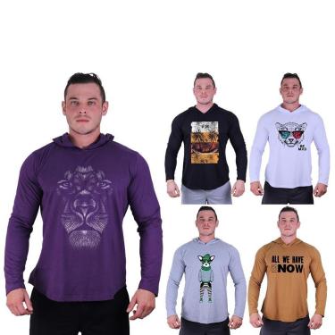Imagem de Kit 5 Camisetas Manga Longa com Touca Longline Estampada Treino Academia Lazer Casual-Masculino