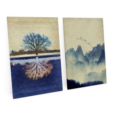 Imagem de Quadro Moderno Arvore E Montanha Paisagem Papel Envelhecido Kit 120x80