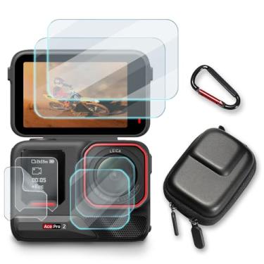 Imagem de HUADU Protetor de tela (6 + 1 pacote) compatível com câmera Insta360 Ace Pro 2, filme de vidro temperado, antiarranhões, alta definição, cobertura total e estojo rígido para transporte de viagem