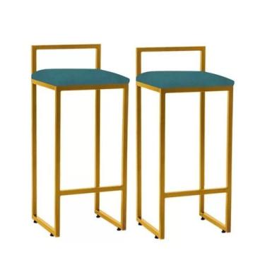 Imagem de Kit 2 Banquetas Altas Industrial Em Aço Jade Dourado Assento Suede Azu
