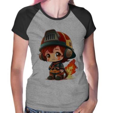 Imagem de Baby Look Raglan Bombeiro Mirim - Foca na Moda, Cinza, Preto, M