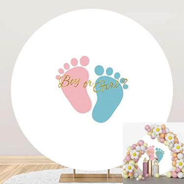 Imagem de OERJU 2,2 x 2,2 m fundo redondo revelador de gênero menino ou menina rosa azul pezinhos fotografia fundo círculo capa de fundo chá de bebê gênero revelar decoração de festa adereços de cabine de fotos