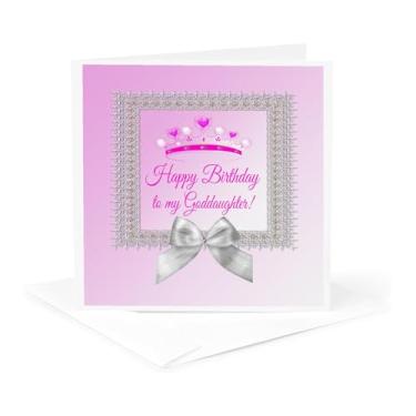 Imagem de 3dRose Coroa de princesa moldura prata, laço, feliz aniversário, afilhada, rosa - cartão comemorativo, 15 x 15 cm, único (gc_234614_5)