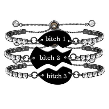 Imagem de Uloveido Best Friends Family Conjunto de pulseiras de coração para 3 a 3 peças ajustáveis pretas gravadas zircônia cúbica fecho bolo pulseiras de tênis para amigas irmãs mãe pai filha YA4774,