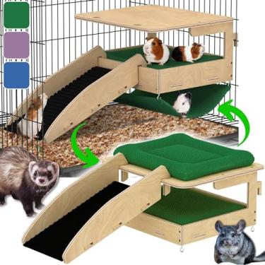 Imagem de YELLOFLOW Conjunto de esconderijo e rede de porquinho-da-índia – design de estilo duplo – madeira de bétula natural grande 35,5 x 25,4 cm – Rede de porquinho da índia para gaiola, rampa de porquinho