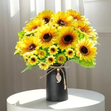 Imagem de HEMYLU Arranjo de girassol artificial em vaso preto – 3 cachos de girassóis realistas com vaso preto rústico para decoração de casa, escritório e ocasiões especiais