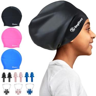 Imagem de Touca de natação infantil extra grande para tranças e dreadlocks, silicone à prova d'água, touca de natação para manter o cabelo seco para crianças, crianças, jovens, meninas, banho, piscina, pacote