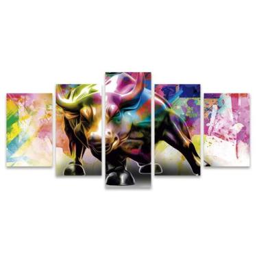 Imagem de Kit Quadros Mosaico Colorido Wall Street Bronze Touro Sala - Deliquadr