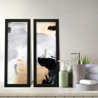 Imagem de Kit 2 Quadros Decorativos Lavabo Abstrato Pinceladas Dourado Branco Ci