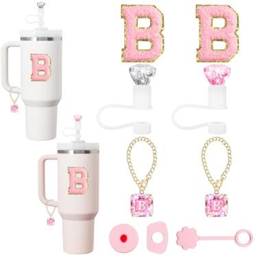 Imagem de XIANGYUAN Capa de palha para acessórios Stanley Cup, topo de palha de diamante brilhante, pingentes de letras de cristal exclusivos para copos Stanley, adesivo para decorações Stanley, conjunto rosa