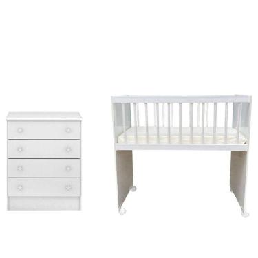 Imagem de Mini Berço Moisés Alegria e Cômoda Infantil 103 Doce Sonho Branco Brilho - Qmovi