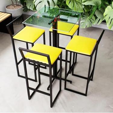 Imagem de Conjunto Mesa Alta Bar Bistrô Quadrada Vidro 4 Banquetas Confort Estofado Industrial Black (Amarelo)