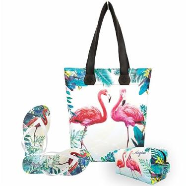 Imagem de Kit Tropical Feminino Flamingos com Bolsa, Necessaire e Chinelo, Magicc KIT-178