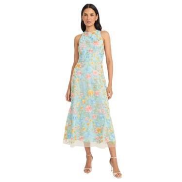 Imagem de Maggy London Vestido feminino bordado de gola alta comprimento chá ocasião especial midiformal festa coquetel, Amarelo/Rosa/Azul, 40