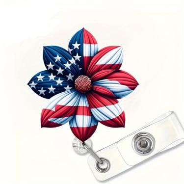 Imagem de Porta-crachá de flor retrátil de 4 de julho com desenhos de acrílico carretel de crachá de enfermeira azul vermelho clipe jacaré cartão de identificação clipe de crachá patriótico para professores,