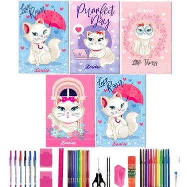 Imagem de Kit 10 Cadernos Gata Marie Tamanho Grande A4 Capa Dura Com 40 Itens Ma