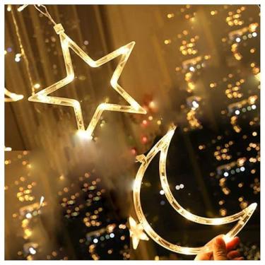 Imagem de Decoração Cortina Varal Cordão Fio de Luzes Lâmpadas Estrela Lua Céu Led Natal Enfeite 2,5m