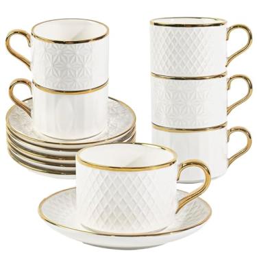 Imagem de Conjunto de 6 xícaras e pires de café expresso de porcelana de 200 ml com pires, canecas de café empilháveis para Demitasse, latte, café, mocha, chá, presente de dia das mães, presente de Natal de