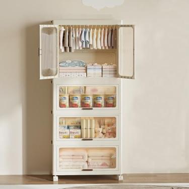 Imagem de Curtainboro Armário de guarda-roupa portátil de 4 camadas, armário dobrável com haste suspensa e 10 cabides, caixa de armazenamento de plástico com rodas para dormitório de quarto, fácil instalação