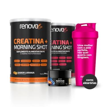 Imagem de Kit 2 Potes Creatina Monohidratada + Morining Shot Renova Be com Sabor + 1 Balm Alívio Dores massagem para relaxamento + 1 Coqueteleira Renova Be (144 gramas, 1 Morango com Limão - 1 Laranja)
