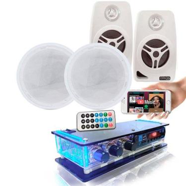 Imagem de Kit 4 Arandelas Redondas Amplificador Bt + 2 Caixas Brancas - Geral