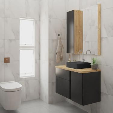 Imagem de Conjunto para Banheiro Gabinete 80cm 1 Porta 2 Gavetas Castellon com Cuba e Espelheira