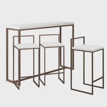 Imagem de Kit 3 Banquetas Lino + 1 Mesa Bancada Aparador Mavie 150cm Industrial Ferro Marrom 100% mdf Branco - Ahazzo Móveis