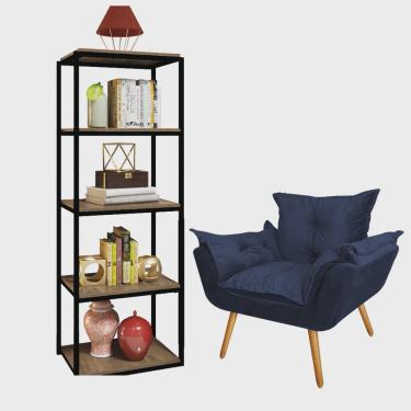 Imagem de Kit Poltrona Fatte com Estante Livreiro Ferro Preto mdf Castanho Suede Azul Marinho - Ahazzo Móveis