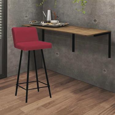 Imagem de Kit Mesa Suspensa de Parede Fixa mdf Rústico + 1 Banqueta Lexi Ferro Preto Suede Vermel...