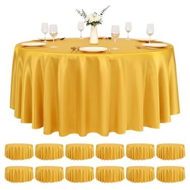 Imagem de Pesonlook Pacote com 12 toalhas de mesa redondas douradas, toalha de mesa de tecido acetinado de 267 cm para mesa redonda, resistente a vincos, lavável, toalha de mesa de seda brilhante para festa de