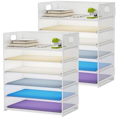 Imagem de Marbrasse Pacote com 2 organizadores de mesa com alça, bandeja de papel de 6 camadas, organizador de arquivos de mesa de malha para escritório, escola e casa - branco