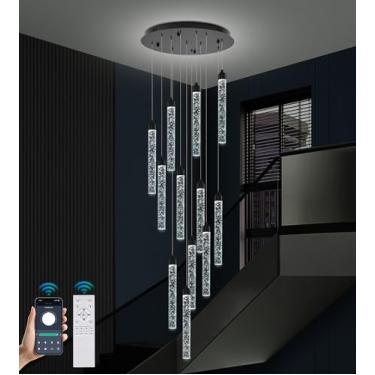 Imagem de Upfelw Lustre De Cristal Para Escada, Moderno Preto Espiral Grande Com Led Regulável Em Formato Gota Chuva, Luminária Pendente Sala Estar 12 Luzes E Controle Remoto
