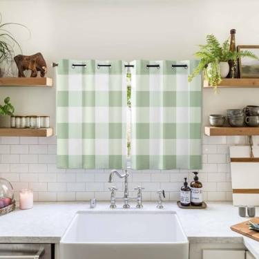 Imagem de Cortinas de janela blecaute xadrez verde sálvia 182 cm de comprimento, conjunto de 2 painéis, cortina de janela superior com ilhós xadrez rústico para sala de estar/quarto, cortinas geométricas