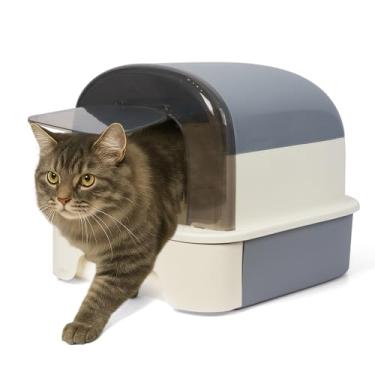 Imagem de TZHYKPHOME Caixa de areia fechada com aba e colher para porta da frente, caixa de areia coberta com alça e fivelas para portabilidade e privacidade (cinza misty)