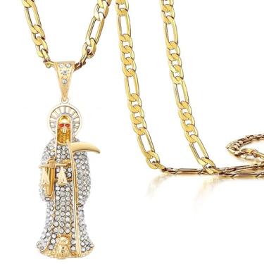 Imagem de GXLYFG Colar Santa Muerte Diamante Banhado a Ouro 14K Pingente Santa Muerte Joias com Foice Presente de Feriado, 17.3+3+0.2, Cobre + Aço Titânio, Sem Pedra Preciosa
