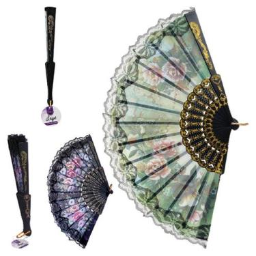 Imagem de Kit 6 Leques Japonês Oriental Preto Tecido Floral Com Renda - WCAN