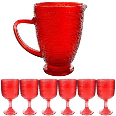 Imagem de Jogo de Taças com Jarra de Vidro Pérola Vermelha para Àgua ou Suco 7 Peças