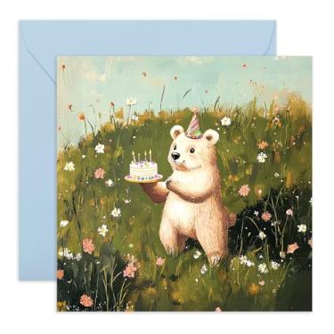 Imagem de CENTRAL 23 Cartão de urso de aniversário fofo - bolo em um campo de flores - presentes para ele, Ber, mulheres, homens, meninos, meninas, crianças, adultos, primo, vizinho, amigos, família - Vem com