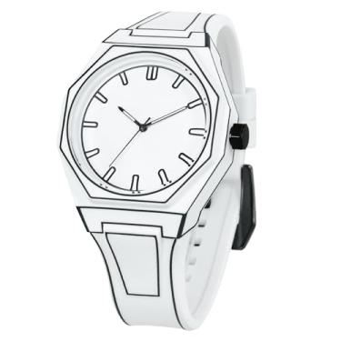 Imagem de BARAMON Relógios masculinos fashion sketch série anime relógio analógico quartzo elegante criativo minimalista casual relógio de pulso masculino à prova d'água esporte pulseira de silicone, Branco 1