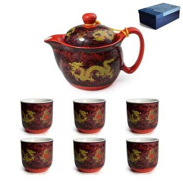 Imagem de Bule de chá de cerâmica com 6 xícaras, bule de chá de dragão de porcelana chinesa com infusor e xícara de chá para conjunto de chá de escritório em casa (vermelho)