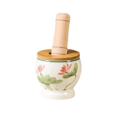 Imagem de Tigela Moedora Moedor de alho de cerâmica, prensa de alho para cozinha, tempero doméstico, moagem de cerâmica com argamassa e pilão de madeira Moedor Triturador