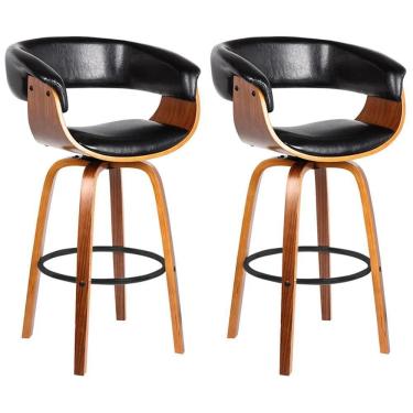 Imagem de Kit 2 Banquetas Giratória Alta Com Encosto Base Madeira Ravi R02 Sintético Preto - Mpozenato