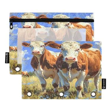 Imagem de Joisal Estojo de lápis branco de gato de desenho animado de grande capacidade para fichário com zíper, pacote com 2 materiais escolares a granel, as vacas, 25*18*0.5cm