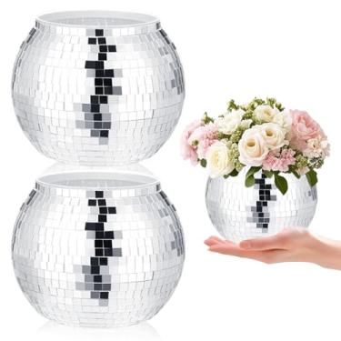 Imagem de 2 vasos de bola de discoteca, peças centrais de bola de discoteca de plástico 10 x 12 cm, decoração de bola de discoteca, espelhada, prata, pode ser usado para centros de mesa de casamento