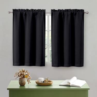 Imagem de OWENIE Cortinas pretas de cozinha, 91 cm de comprimento, pequenas cortinas blackout com isolamento térmico, camada sobre a pia, bolso para varão, meia janela, para banheiro, quarto, acampamento